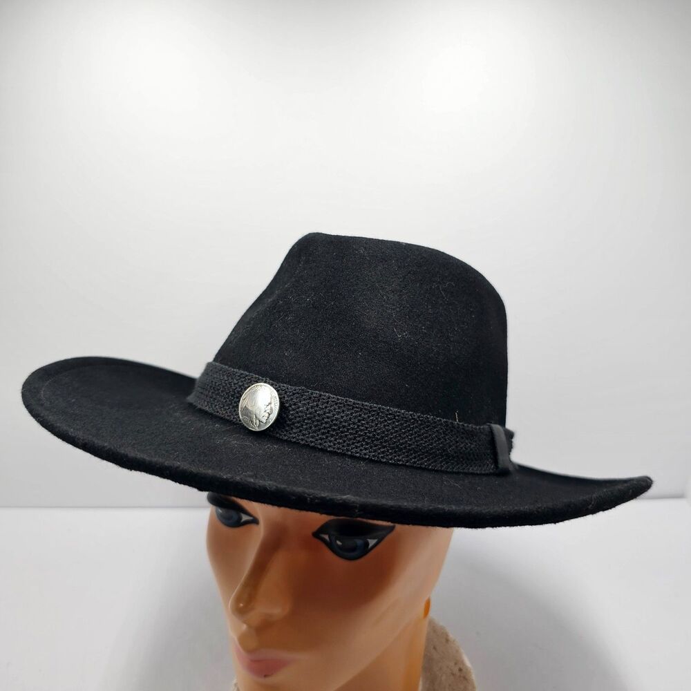 Black Wool Felt Wide Brim Fedora Hat Silver Buffalo Nickel Concho Western Boho L
